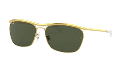 Shop Ray Ban Olympian Ii Deluxe Green Rectangular Unisex Sunglasses Rb3619 919631 60 In Gold Tone,green