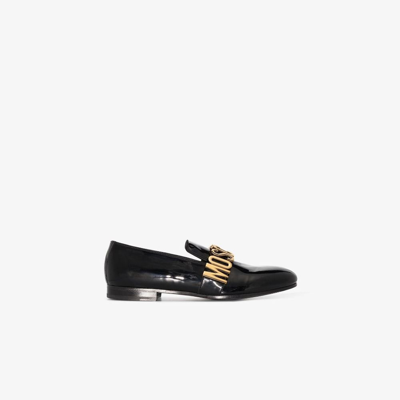 Shop Moschino Black Logo Plaque Leather Loafers