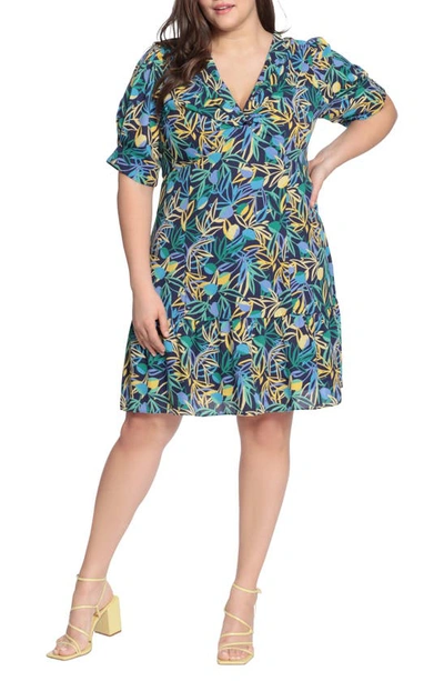 Shop Donna Morgan Twist Elbow Sleeve Dress In Navy/ Sunshine Yellow