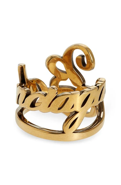 Shop Balenciaga Typo Logo Ring In Antique Gold