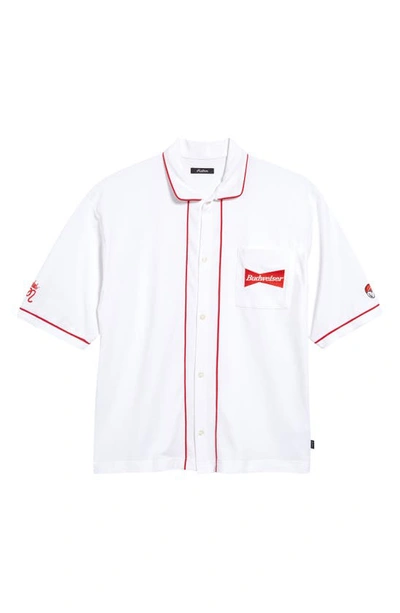 Malbon Golf X Budweiser® Retro Short Sleeve Cotton Button-up Shirt In White  | ModeSens