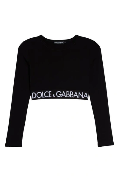 Shop Dolce & Gabbana Logo Waistband Long Sleeve Stretch Cotton Crop Top In N0000 Nero