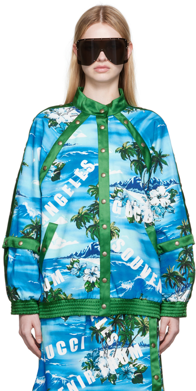 Shop Gucci Blue & Green Printed Jacket In 4946 Blue/green/mc