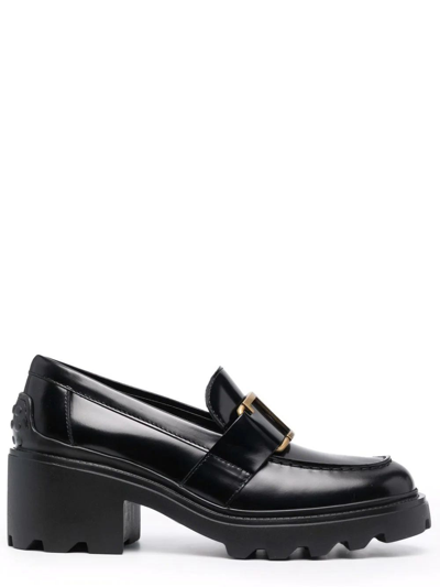 Shop Tod's Black Loafers With Gold Logo Plaque In Nero