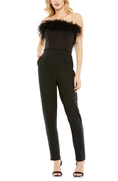 Shop Ieena For Mac Duggal Feather Trim Strapless Jumpsuit In Black
