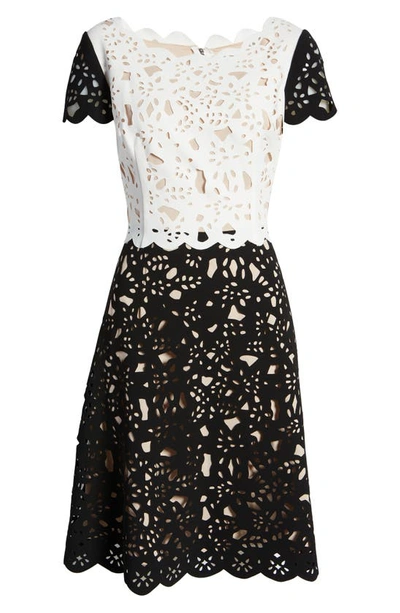 Shop Shani Laser Cut A-line Dress In Black/ White