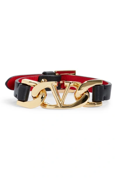 Shop Valentino Vlogo Leather Bracelet In Nero/ Rouge Pur