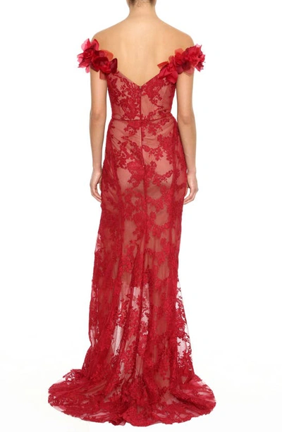 Shop Marchesa Floral Off The Shoulder Lace Gown In Scarlet