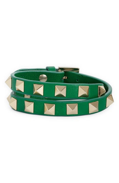 Shop Valentino Rockstud Leather Double Wrap Bracelet In Gea Green