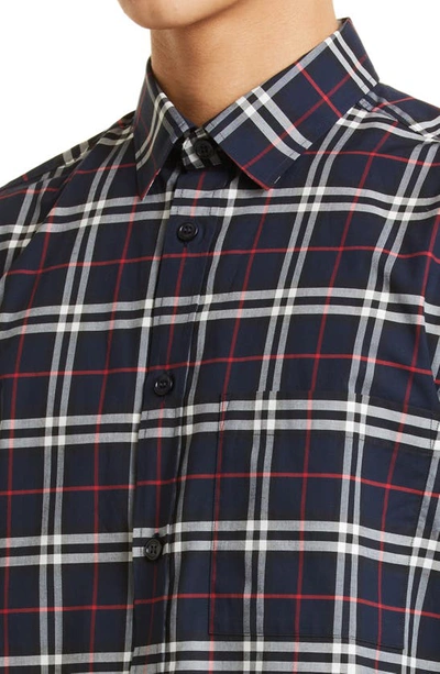 Shop Burberry Simpson Plaid Stretch Button-up Shirt In Navy Ip Check