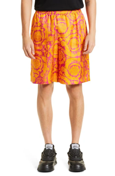 Shop Versace Barocco Print Silk Shorts In Magenta Tangerine