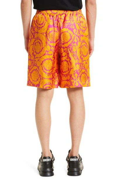 Shop Versace Barocco Print Silk Shorts In Magenta Tangerine