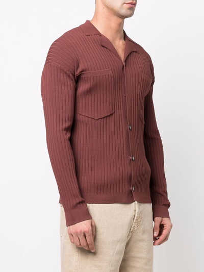 Shop Nanushka Ribbed-knit Notched-collar Cardigan In Brown