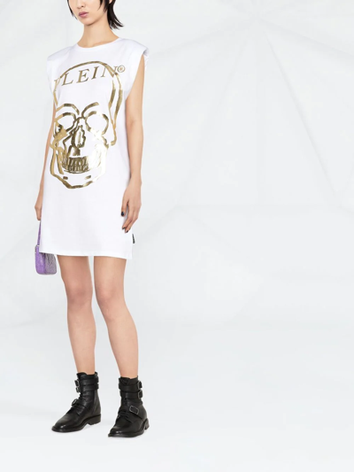 Shop Philipp Plein Metallic Logo-print T-shirt Dress In White