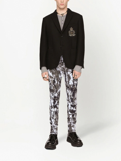 Dolce & Gabbana Embroidered Crest Wool Blend Sport Coat In Black