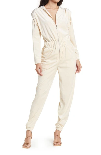 Shop Bebe Hooded Jumpsuit In Taupe