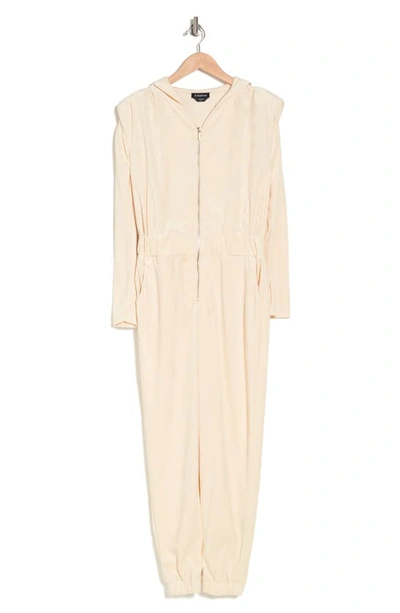 Shop Bebe Hooded Jumpsuit In Taupe