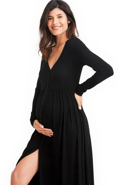 Shop Hatch The Softest Rib Long Sleeve Maternity/nursing Maxi Dress In Black
