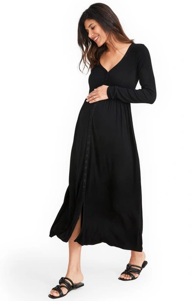 Shop Hatch The Softest Rib Long Sleeve Maternity/nursing Maxi Dress In Black