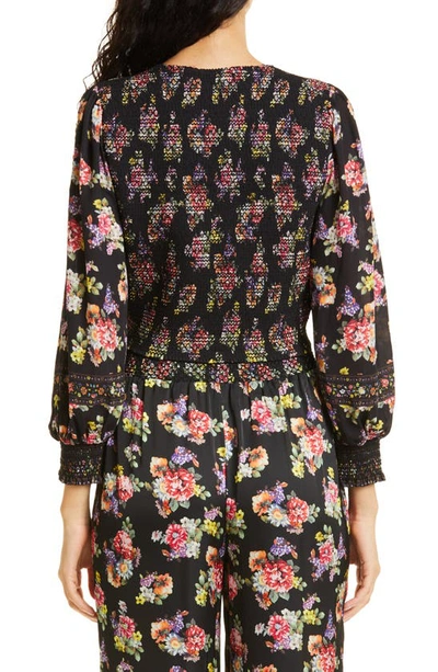 Shop Alice And Olivia Marlee Floral Tie Front Blouson Sleeve Crop Blouse In Magnolia Floral Black/ Multi