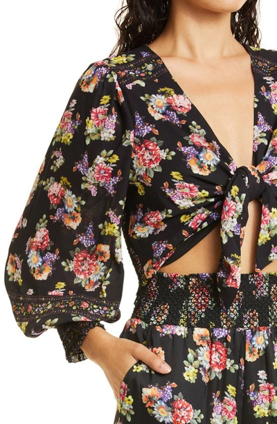 Shop Alice And Olivia Marlee Floral Tie Front Blouson Sleeve Crop Blouse In Magnolia Floral Black/ Multi