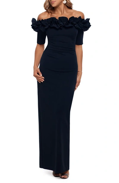 Shop Xscape Ruffle Off The Shoulder Crepe Column Gown In Navy