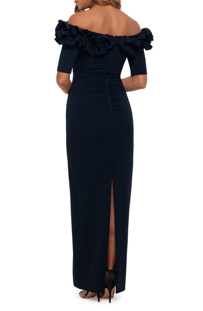 Shop Xscape Ruffle Off The Shoulder Crepe Column Gown In Navy