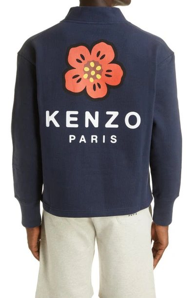 Shop Kenzo Boke Flower Graphic Fleece Cardigan In Midnight Blue