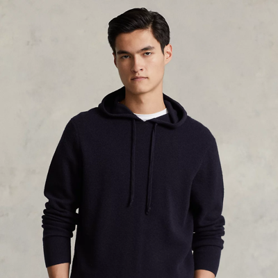 Shop Ralph Lauren Mesh-knit Cashmere Hooded Sweater In College Navy