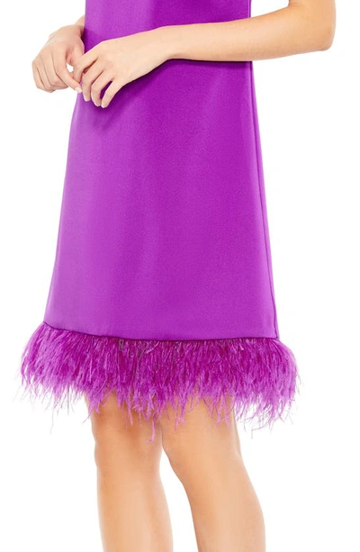 Shop Ieena For Mac Duggal Crewneck Faux Feather Hem Cocktail Dress In Purple