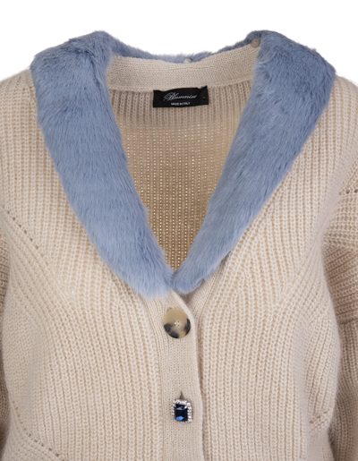 Shop Blumarine Beige Wool Cardigan With Blue Eco-fur  In Multicolor