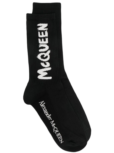 Shop Alexander Mcqueen Black Socks With Graffiti Logo Print In Nero