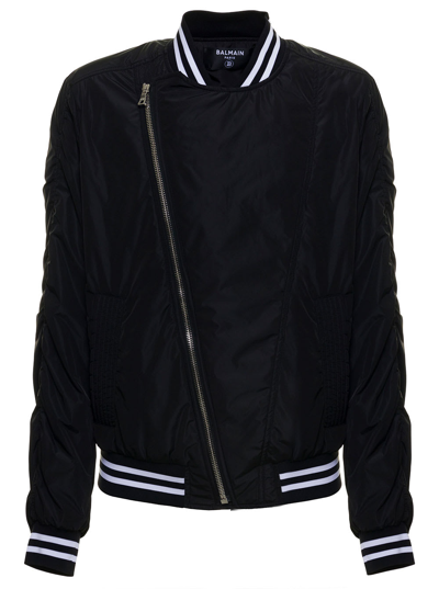 Shop Balmain Black Nylon Jacket With Oblique Zip In Noir/blanc
