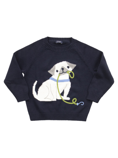 Shop Il Gufo Round Neck Tricot Jumper With Dog In Blue