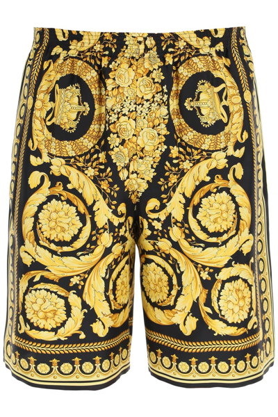 Shop Versace Silk Shorts With Heritage Baroque Print In Nero+oro