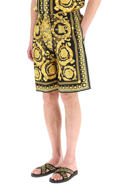 Shop Versace Silk Shorts With Heritage Baroque Print In Nero+oro