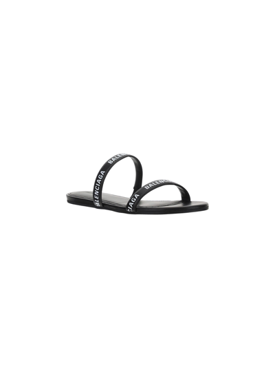 Balenciaga Logo Lettering Leather Flat Sandals In Black White