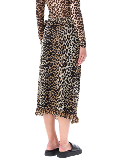 Shop Ganni Mesh Wrap Midi Skirt In Leopard