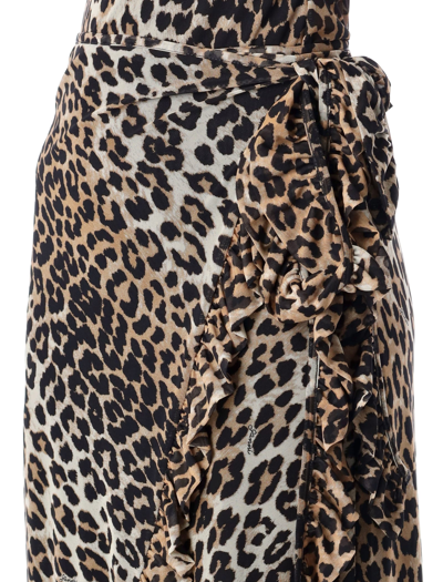 Shop Ganni Mesh Wrap Midi Skirt In Leopard