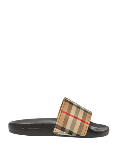 Shop Burberry Boy Rubber Beige Slipper With Vintage Check Print