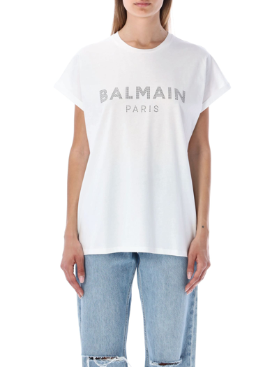Shop Balmain Eco-designed T-shirt With Rhinestone Logo In White/ Black