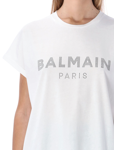 Shop Balmain Eco-designed T-shirt With Rhinestone Logo In White/ Black