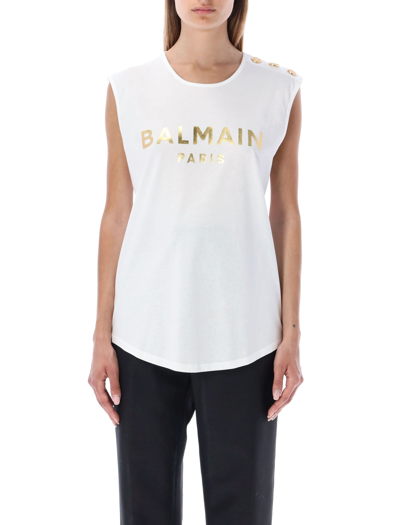 Shop Balmain Eco-designed 3 Button Metallic Logo T-shirt In White Gold