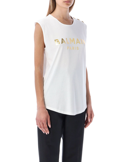Shop Balmain Eco-designed 3 Button Metallic Logo T-shirt In White Gold