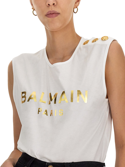 Shop Balmain Laminated Logo T-shirt In Bianco