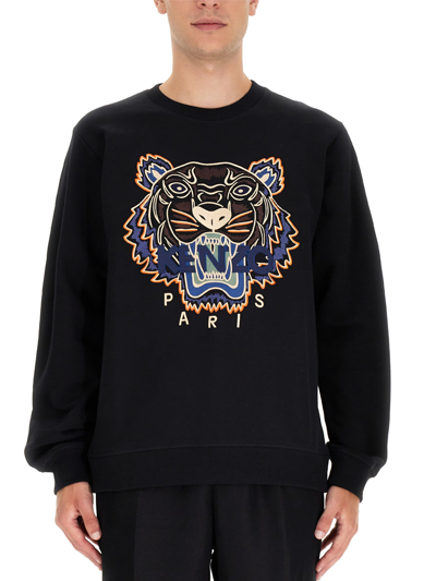 Shop Kenzo Tiger Sweatshirt With Logo Embroidery In Nero