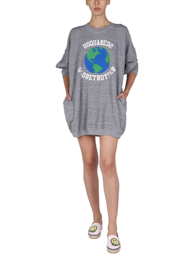 Shop Dsquared2 Sweatshirt Dress With Logo Print In Grigio
