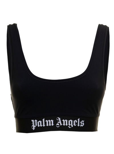 Shop Palm Angels Black Stretch Fabric Top With Logo Print Palm Angles Woman In White/black