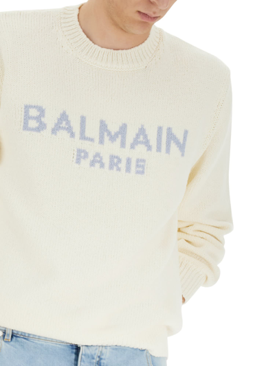 Shop Balmain Jersey With Logo Inlay In Bianco