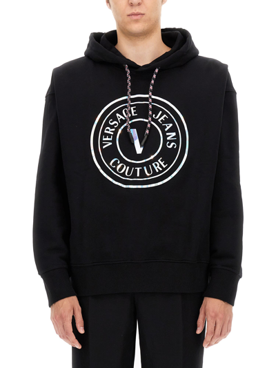 Shop Versace Jeans Couture Sweatshirt With Laminated Logo In Nero